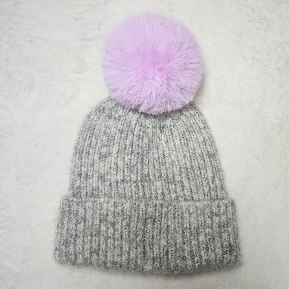 Anthropologie Heather Gray Ribbed Knit Beanie Purple Faux Fur Pom Pom Winter Hat